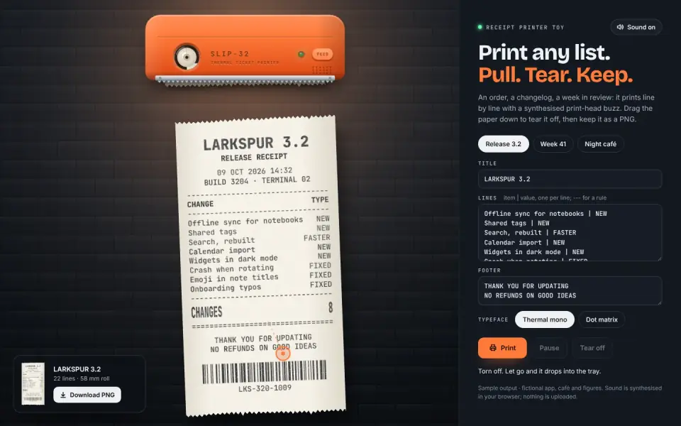 Receipt Printer Toy: sample output